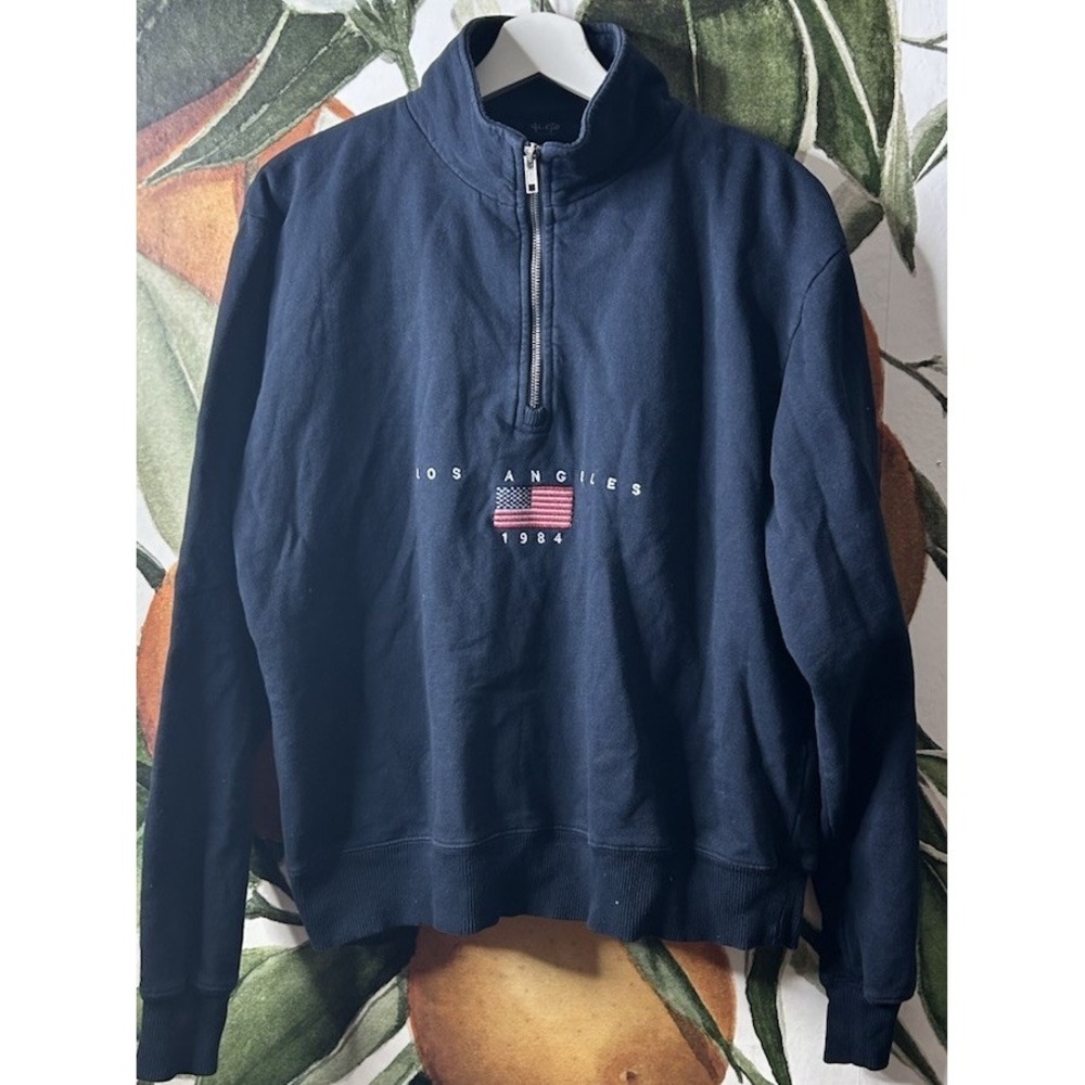John Galt Quarter-Zip Oversized‎ Jacket Sweatshirt American Flag Womens OS Blue